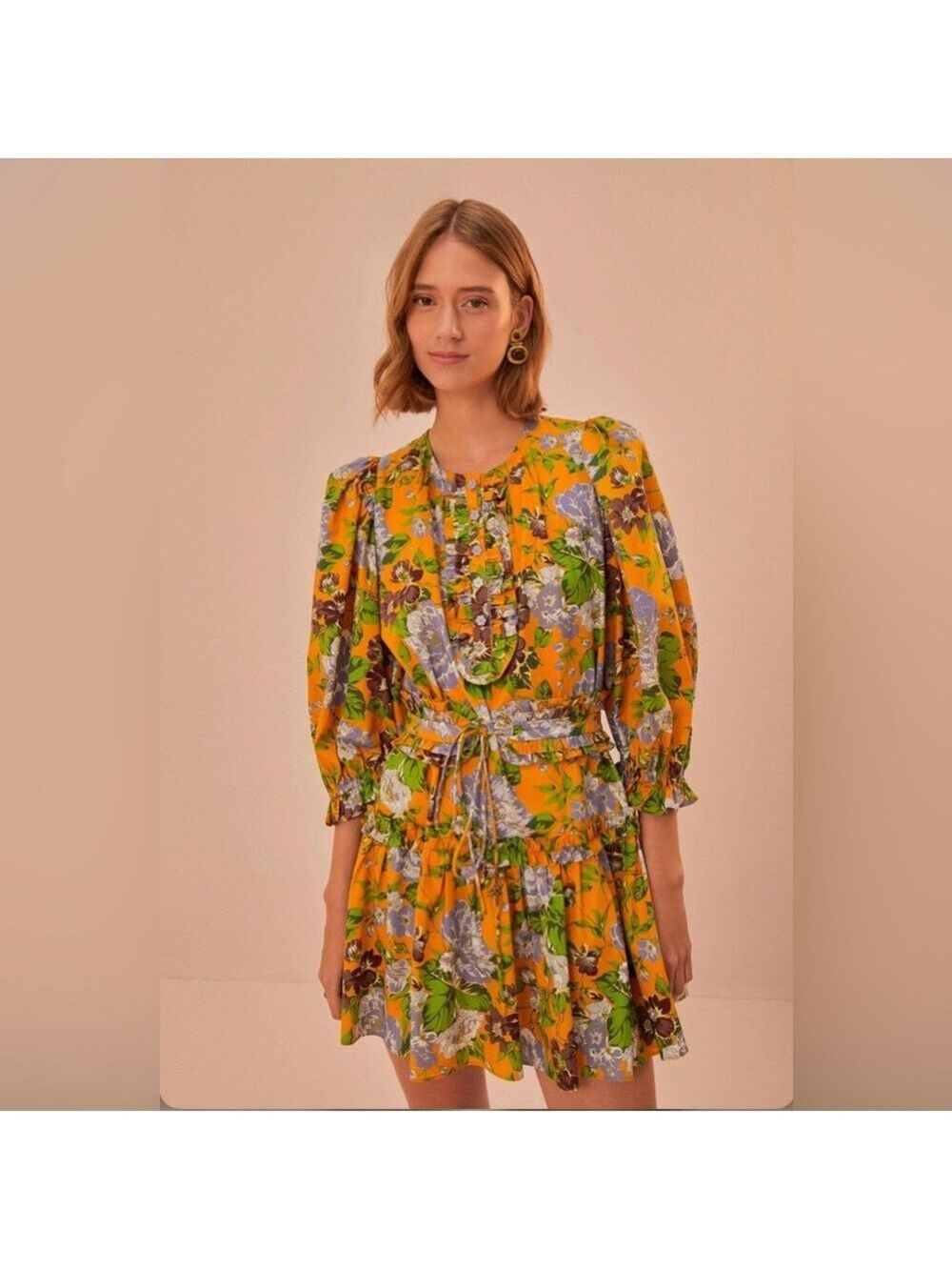 Farm Rio Yellow Capri Floral Short Sleeve Mini Dress